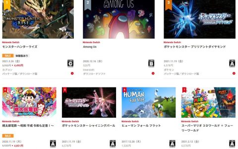 《魔物猎人崛起》获得任天堂 2021 年 Switch 数字版游戏年度下载排行榜首
