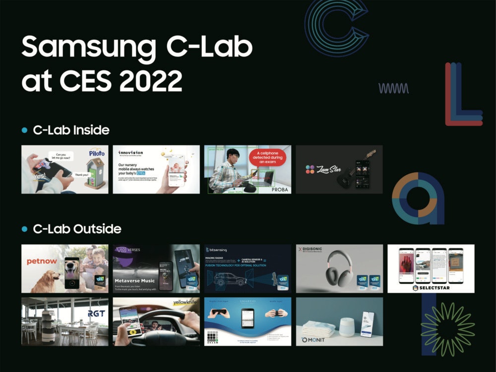 照片中提到了Samsung C-Lab、at CES 2022、•C-Lab Inside，跟伦纳德柴郡残疾、浏览器堆栈有关，包含了冷静，做个公主、消费电子展2022、三星、三星电子、三星TV Plus -直播电视和电影