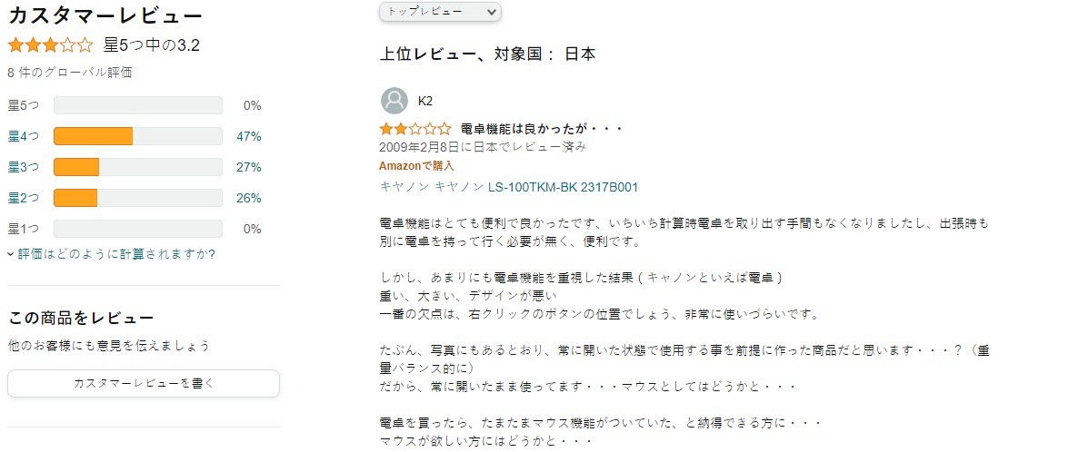照片中提到了カスタマーレビュー、トップレビュー、★★★☆☆ 星5つ中の3.2，包含了文獻、線、字形、紙、產品
