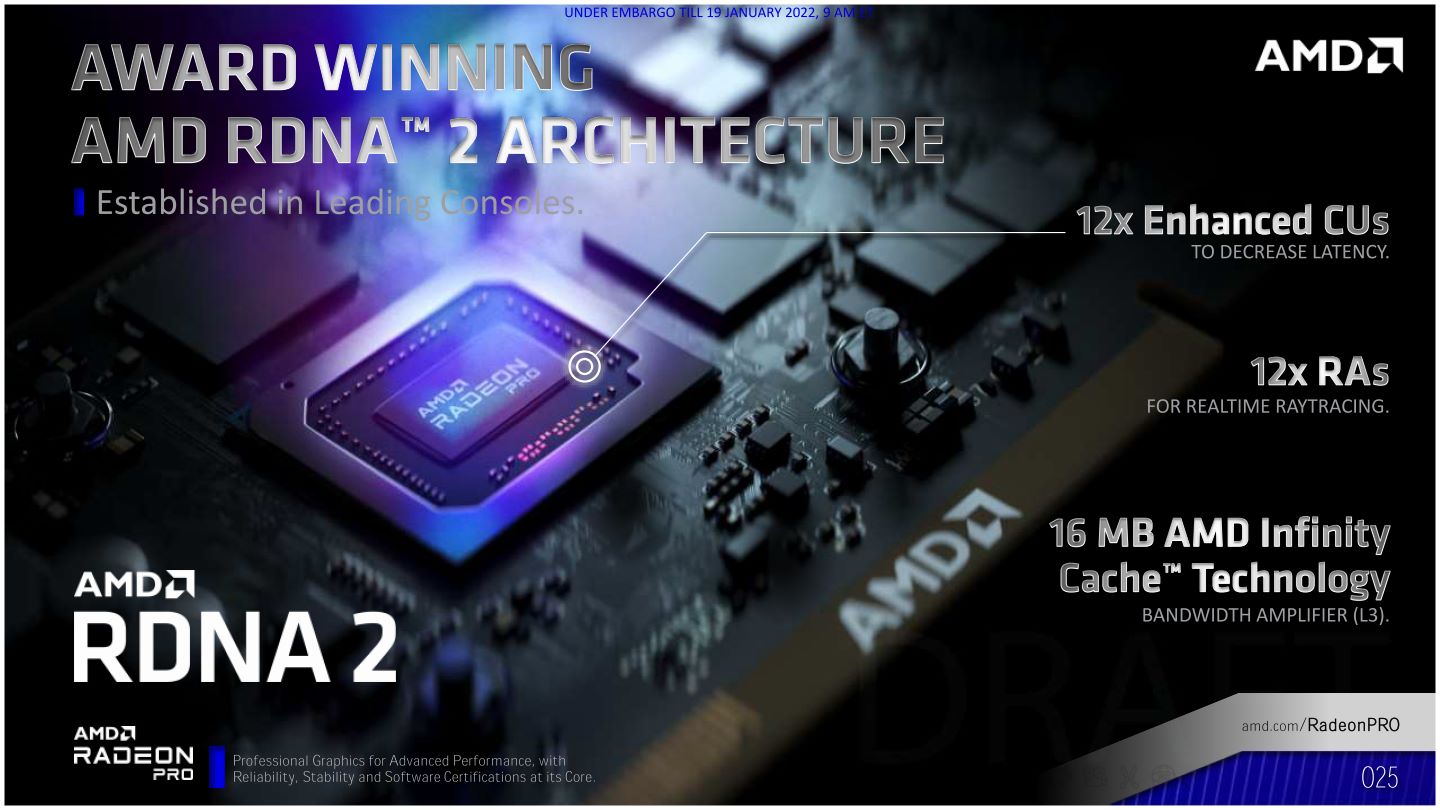Radeon PRO W6400采用RNDA2绘图架构，规格与Radeon RX 6400相当接近。