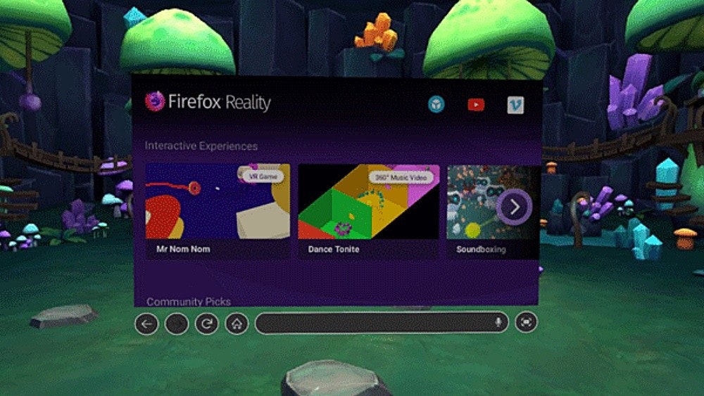 照片中提到了Firefox Reality、Interactive Experiences、VR Game，包含了火狐现实、Oculus裂谷、火狐浏览器、网页浏览器、火狐现实