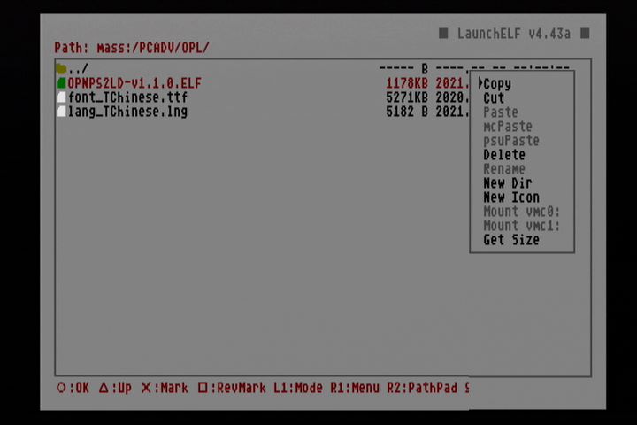准备好档案之后，在PS2主机执行LaunchELF，并通过文件浏览器选择mass：/路径下的OPL主程序文件，按下手把的R1键并从菜单选择。