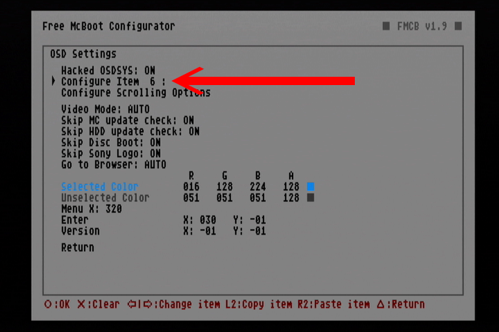 回到主菜单中，选择「Configure OSDSYS options...」，并将光标移动到「Configure Item」，透过方向键左右选择空白的项目字段（示例中选择Item 6）。