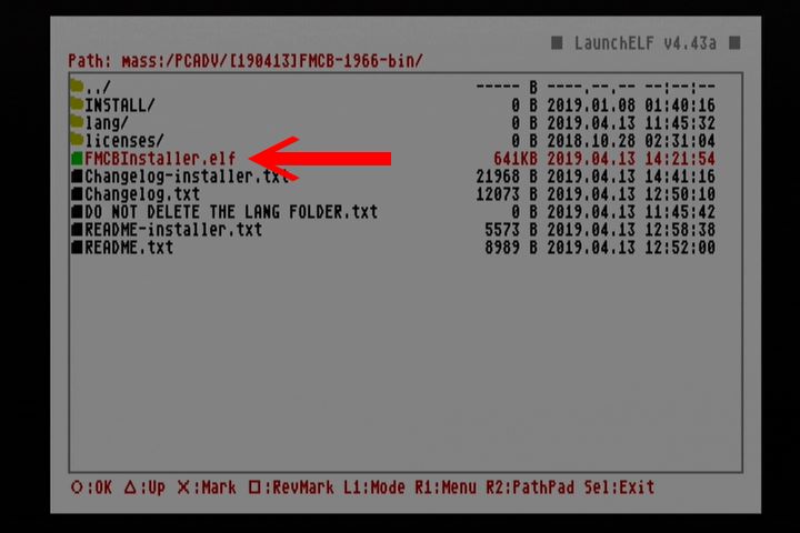 开启随身碟路径后，接着在档案浏览器找到FMCB Installer执行文件。