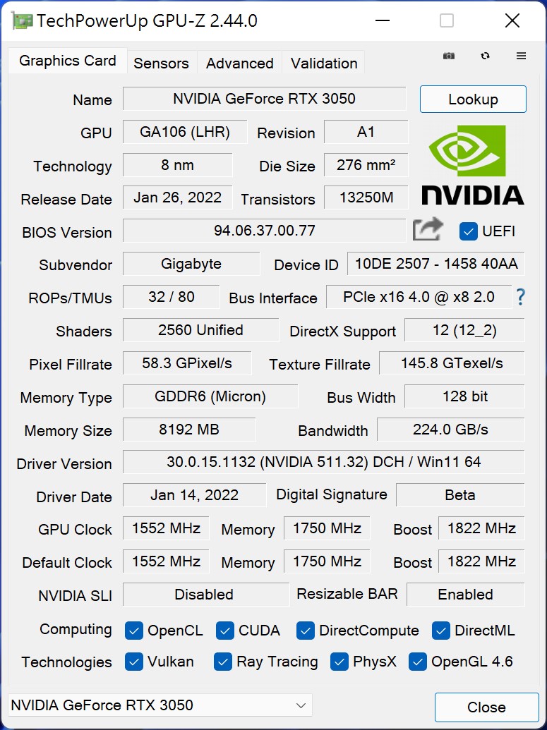 从GPU-Z查看显卡信息,可以看到GeForce RTX 3050 Gaming OC 8G的Boost时钟为1822MHz,比官方规格高出52 MHz(2.94%)。