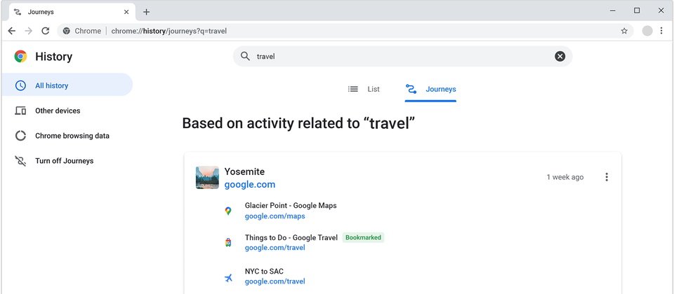 Google于Chrome中新增历史纪录分类功能Journeys 