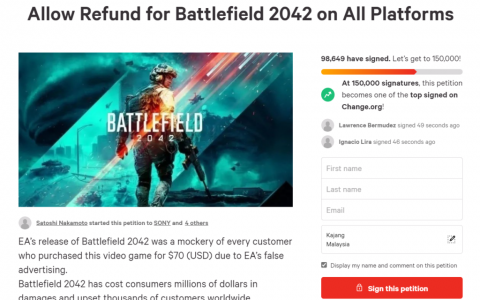 《战地2042》退款请愿书人数逼近10万！EA预料将面临被提告！ 