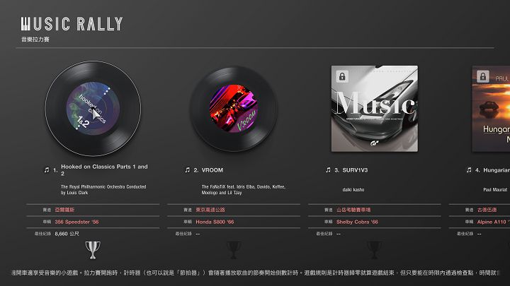 全新的音乐拉力赛游玩模式，目前提供 6 首乐曲，未来还会持续更新。