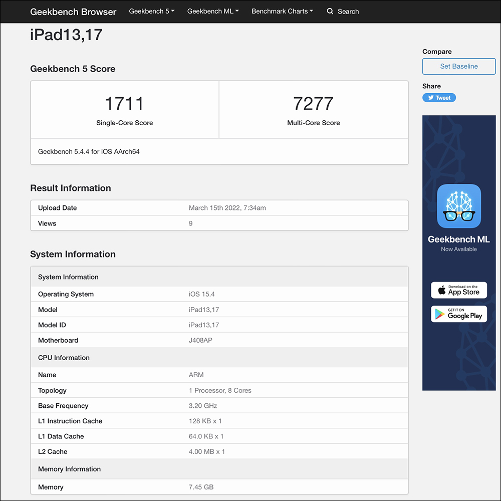 iPad Air 5 Geekbench 跑分曝光：搭载满血版Apple M1芯片，性能与iPad Pro基本相同
