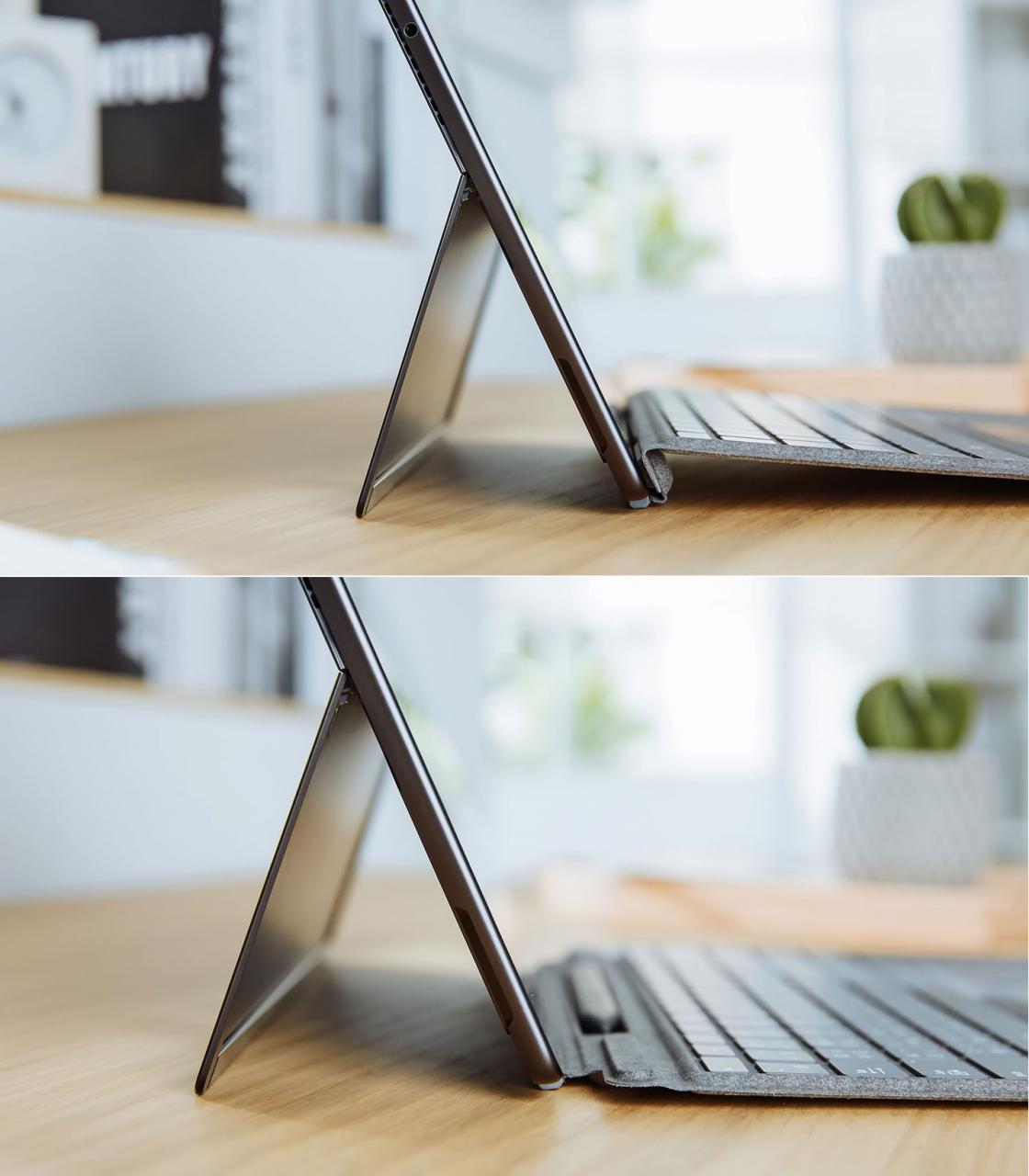 特制版专业键盘盖与 Surface Pro 8 机身的链接处在设计上有一个小巧思，当用户要打字时，键盘会自然形成符合人体工学的倾角，让你在输入文字时更舒适，而当需要手写笔时可轻松翻开隐藏的笔槽随时取用。