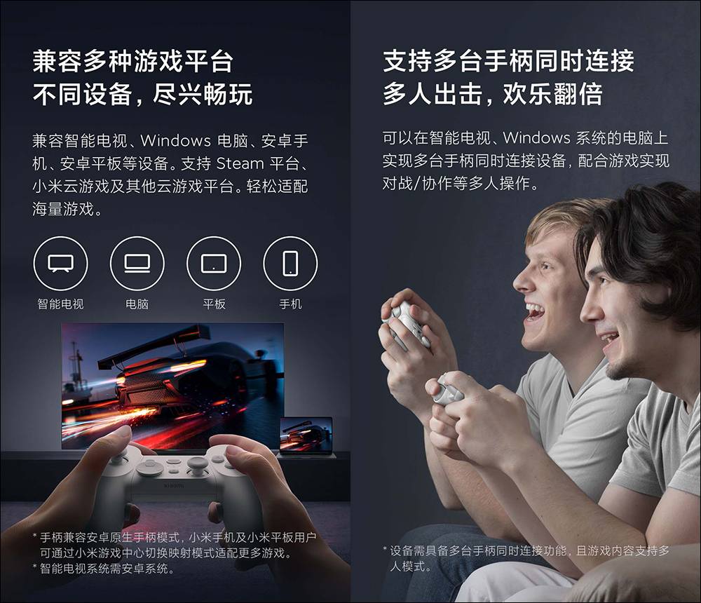 小米 Xiaomi 游戏手柄菁英版众筹推出:支持手机、平板、电脑、智能电视等设备,并兼容 Steam 等多种游戏平台