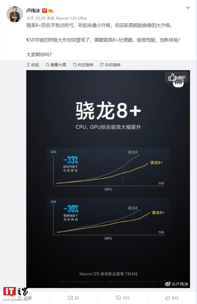 离发布不远了？Xiaomi卢伟冰预热Redmi K50新机：搭载Snapdragon 8+ Gen 1 ，支持120W快充