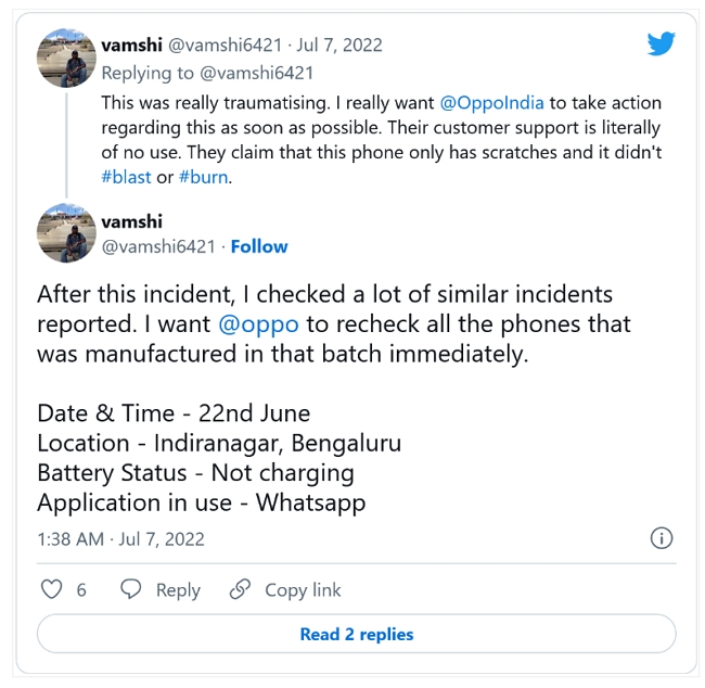 印度一部OPPO Reno2没充电没玩游戏却突然起火，秀出手机残骸当地客服回应表示这不算「爆炸」