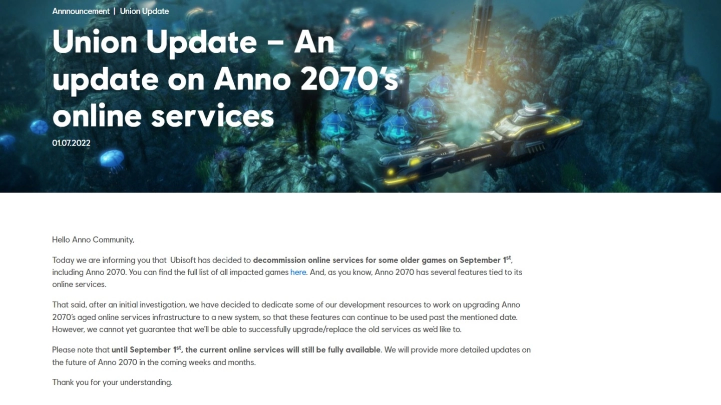 Ubisoft 将终止《刺客教条 2》等15 款作品线上服务，连带影响单机 DLC 内容不能玩