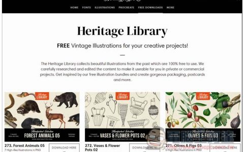 Heritage Library 提供超过 270 组复古插图素材组合，100% 免费使用，商用个人皆可
