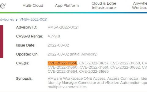 VMware呼吁用户立即修补认证旁路漏洞CVE-2022-31656
