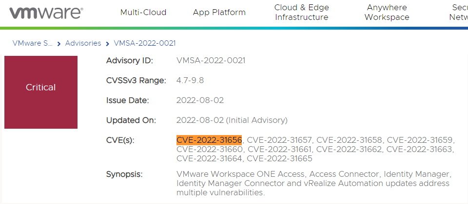 VMware呼吁用户立即修补认证旁路漏洞CVE-2022-31656