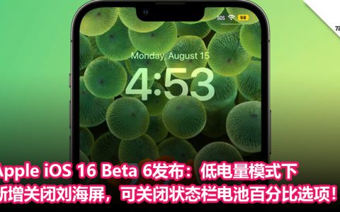 Apple iOS 16 Beta 6发布：低电量模式下新增关闭刘海屏，可关闭状态栏电池百分比选项！
