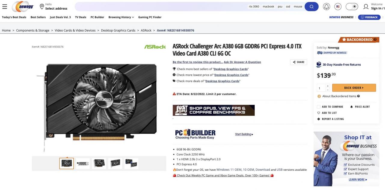 ASRock Challenger Arc A380 显示卡在美国 Newegg 上架