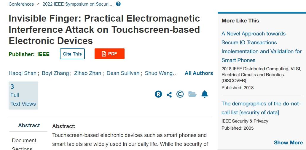 Invisible Finger： Practical Electromagnetic Interference Attack on Touchscreen-based Electronic Devices论文下载