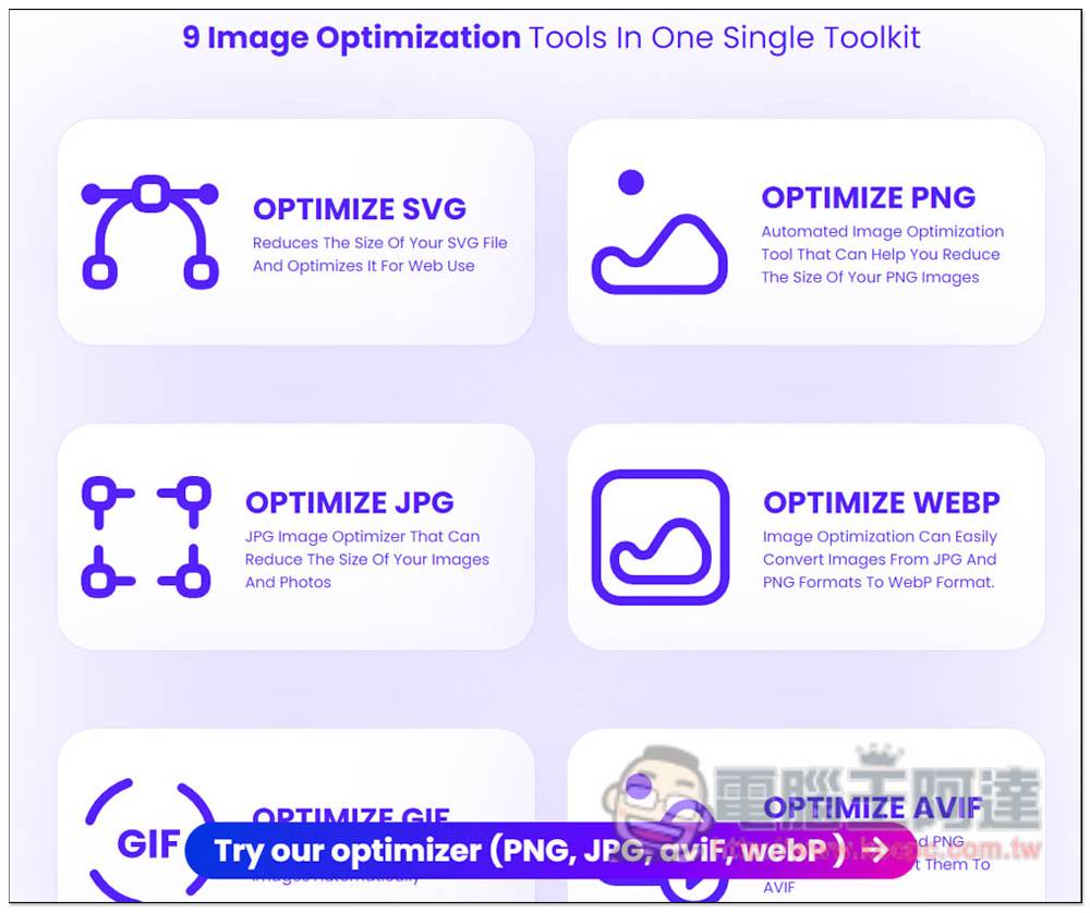 OptimizeImages 在线图片压缩、转档免费服务，还提供加入水印功能