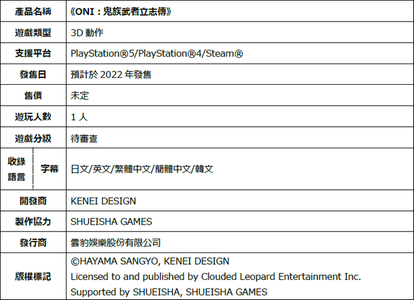 《ONI：鬼族武者立志传》于东京电玩展2022展出试玩版，首度公开开头视频