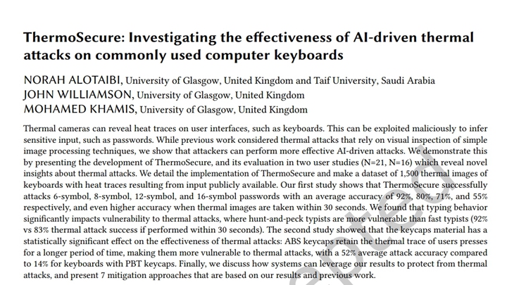 论文链接：ThermoSecure： Investigating the efectiveness of AI-driven thermal atacks on commonly used computer keyboards