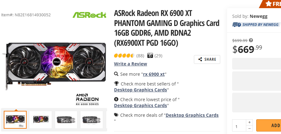 AMD Radeon RX 6900 XT价格继续下探，跟1月份相比已经便宜超过1，000美金