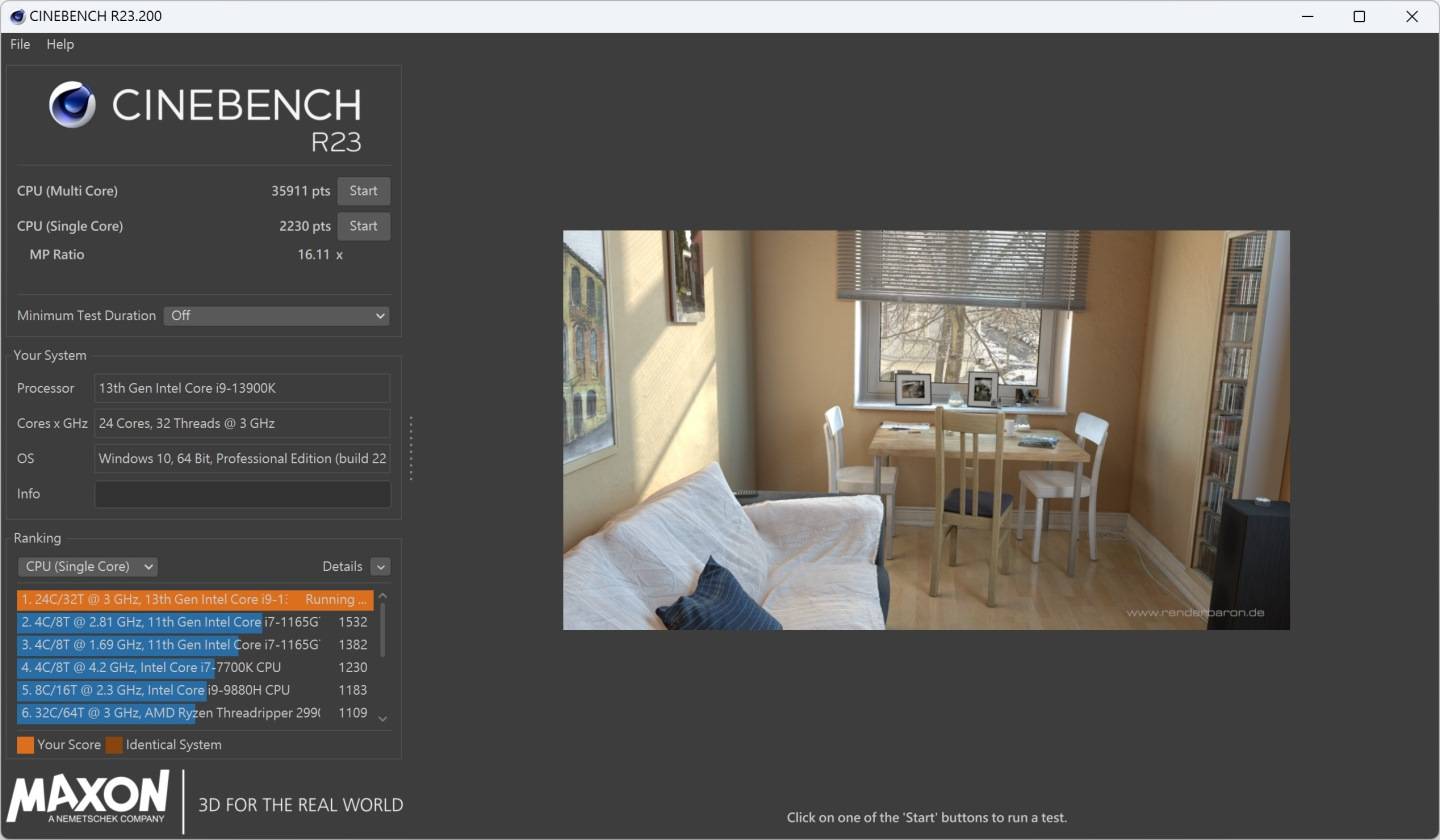 ASRock Z790 PG Sonic搭配Core i9-13900K的Cinebench R23处理器渲染成绩为多线程35911分，单线程2230分。