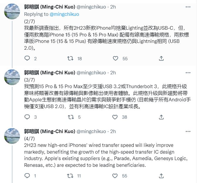 分析师表明：iPhone 15全系改USB-C，Pro系列将支持高速传输！