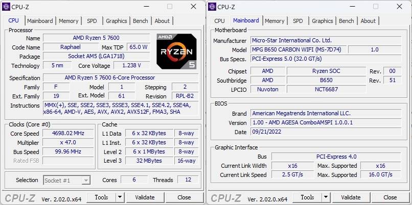 测试主角Ryzen 5 7600处理器在CPU-Z显示之资讯。