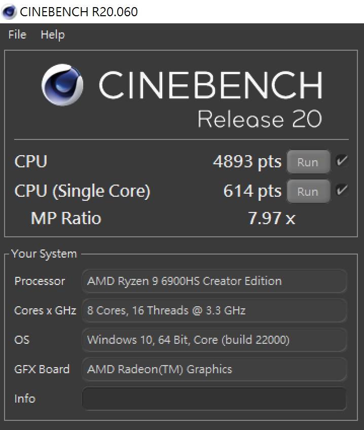 于CINEBENCH R20测试中，多核心为4，893 pts，单核心为614pts，多、单核心的性能差距倍数为7.97x。