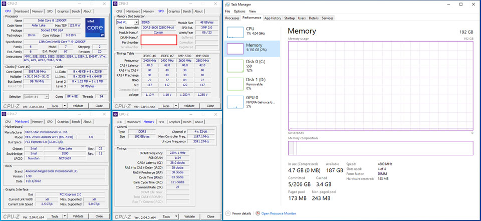 而Core i9-12900KF搭配MPG Z690 CARBON WIFI主板虽然也支持容量达192GB的内存，但运速度只有DDR5-4000。