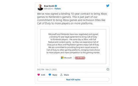 微软总裁宣布与任天堂签署10年合约确保Xbox发行的游戏将登上任天堂游戏机，包括Call of Duty系列