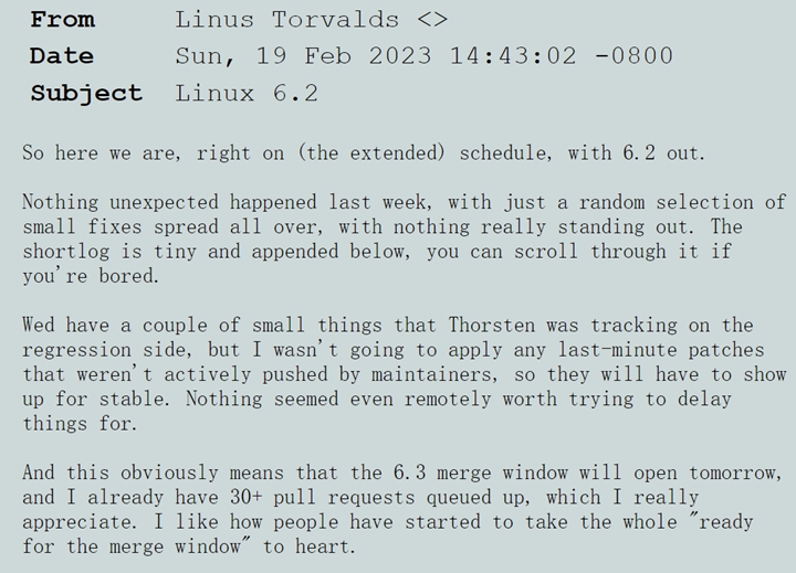 Linus Torvalds 在一篇新博客中发表了他对 Linux 新版本的看法，同时介绍了该版本所包含的新特性。 文章链接：https://lkml.org/lkml/2023/2/19/309