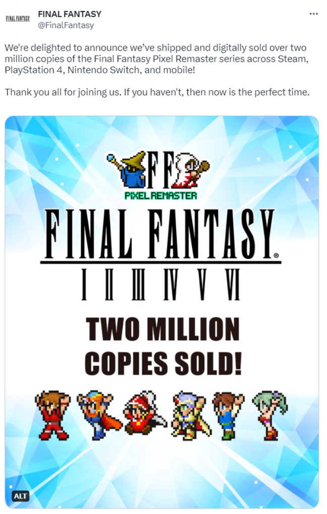 SE翻身还要靠经典 《FF：像素重制版》全球销量突破200万