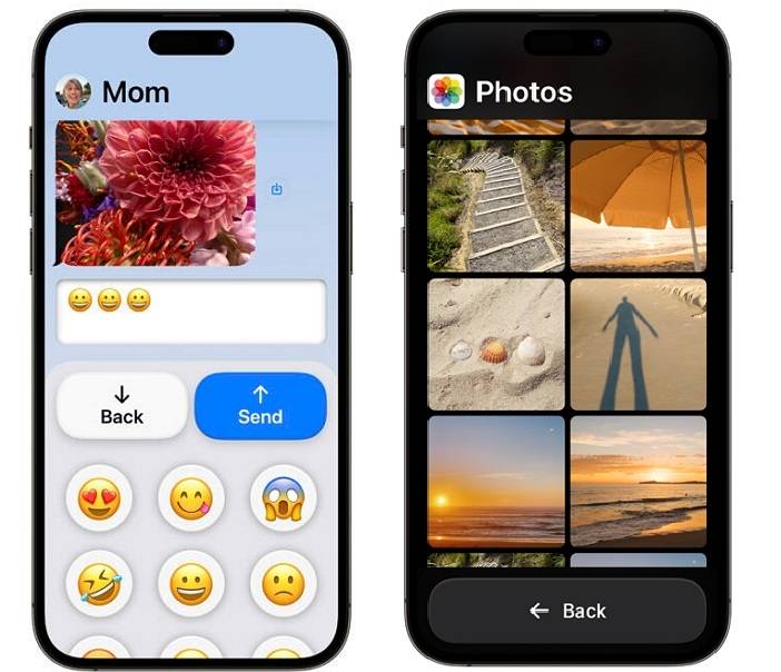 在重要App 中，留下核心功能，以简化操作界面，例如信息中可选择只用 emoji 键盘; 照片则以大图标显示。