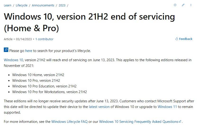 Windows10 版本21H2 正式终止服务，旧用户最近可能开始要接收强制更新