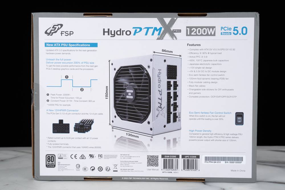 白化实力派 ： ATX3.0、短机身、白金转换率 | 全汉 Hydro PTM X PRO ATX3.0 PCIe5.0 1200W White
