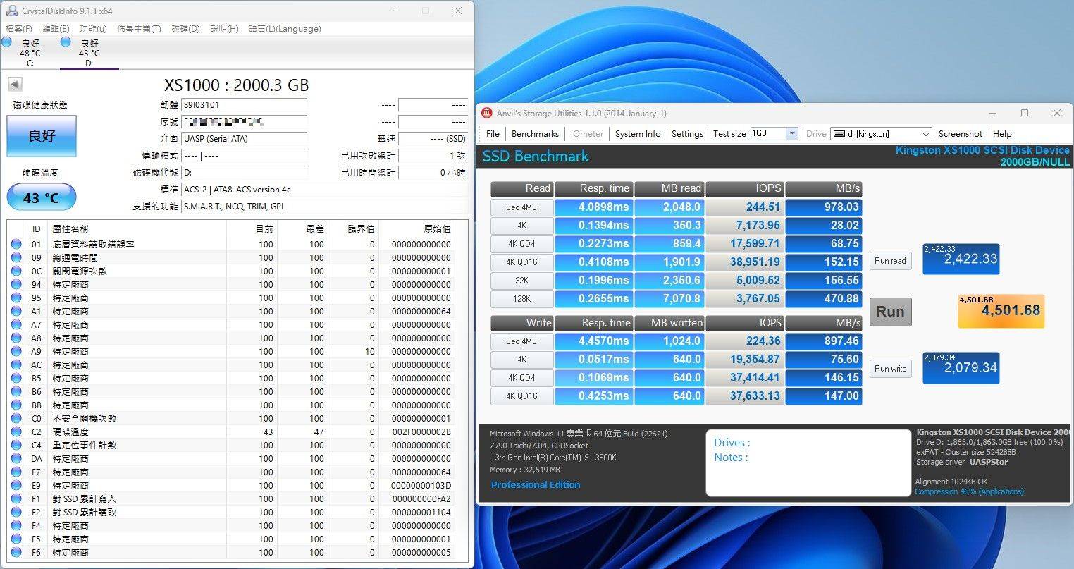 金士顿Kingston XS1000 2TB Portable SSD外接式固态硬盘-2TB大容量，1050MB/s高速传输轻巧带着走