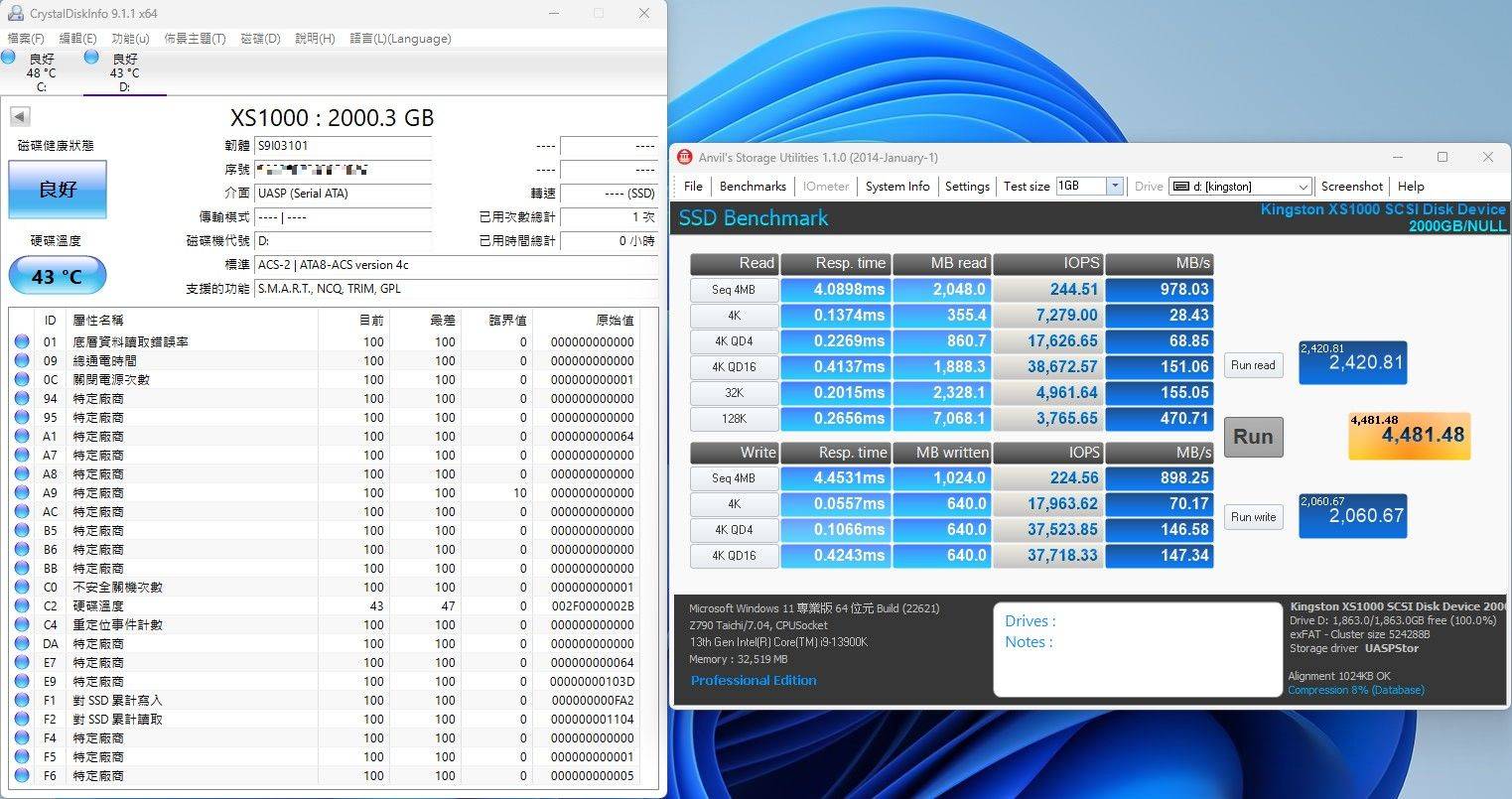 金士顿Kingston XS1000 2TB Portable SSD外接式固态硬盘-2TB大容量，1050MB/s高速传输轻巧带着走