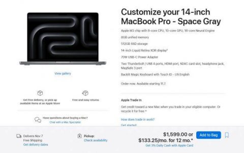苹果最新的14寸MacBook Pro基本型号现在便宜200美元，但这是因为现在有三种M3芯片组选项