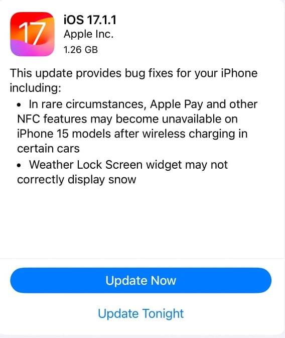 iOS 17.1.1 正式发布，修复无线充电影响 NFC 与 Apple Pay 问题