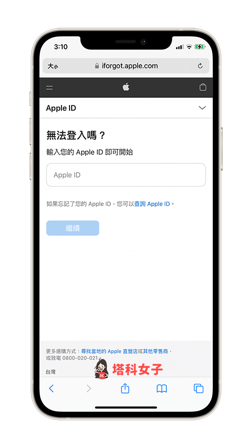 使用 Apple ID 复原网页：输入苹果 ID