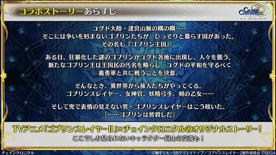 由 SEGA 所推出的手机游戏《锁鏈战記》（チェインクロニクル）日版，在 2023 年 12 月 10 日實施的官方节目「チェンクロ義勇军 絆の生放送！『 ゴブリンスレイヤーII』コラボ+10周年感谢SP」中，发表了与电视动画《哥布林杀手II》联动合作的相关情报。
