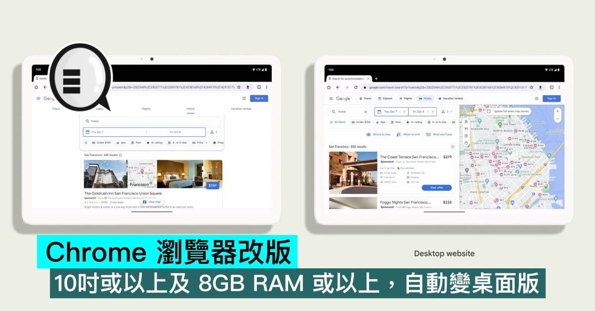 Chrome 浏览器改版，10吋或以上及 8GB RAM 或以上，自动变桌面版