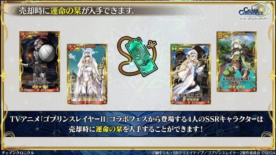 由 SEGA 所推出的手机游戏《锁鏈战記》（チェインクロニクル）日版，在 2023 年 12 月 10 日實施的官方节目「チェンクロ義勇军 絆の生放送！『 ゴブリンスレイヤーII』コラボ+10周年感谢SP」中，发表了与电视动画《哥布林杀手II》联动合作的相关情报。