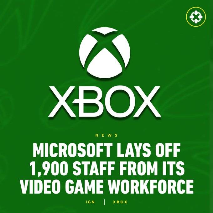 Xbox logo on a green background with distorted versions of the Xbox logo blurred in the background. Caption reads: Xbox Lays Off 1,900 Staff From Its Video Game Workforce