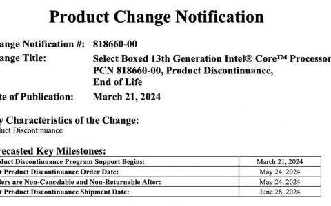 Intel 针对 13th Gen 的「K」、「KF」与「KS」系列盒装处理器发出停产通知