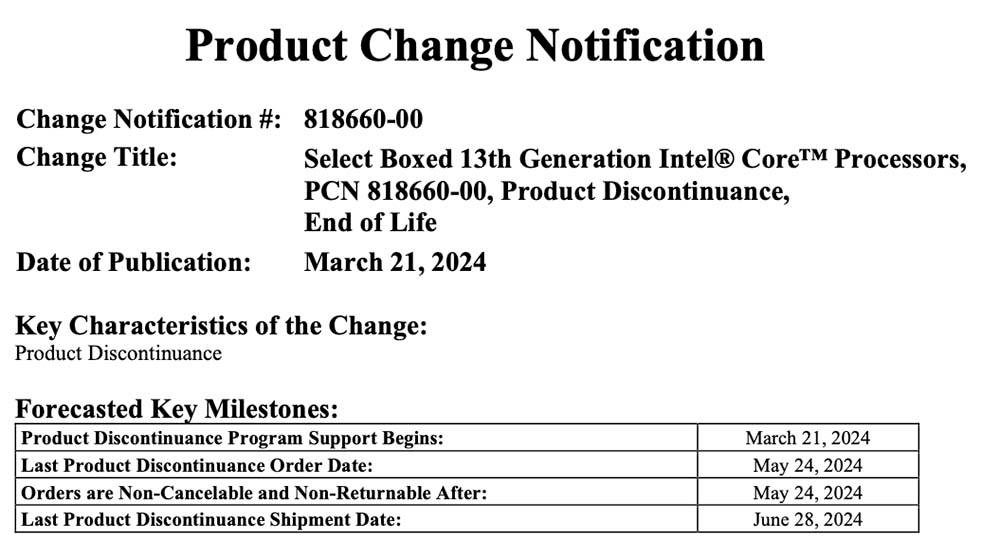 Intel 针对 13th Gen 的「K」、「KF」与「KS」系列盒装处理器发出停产通知